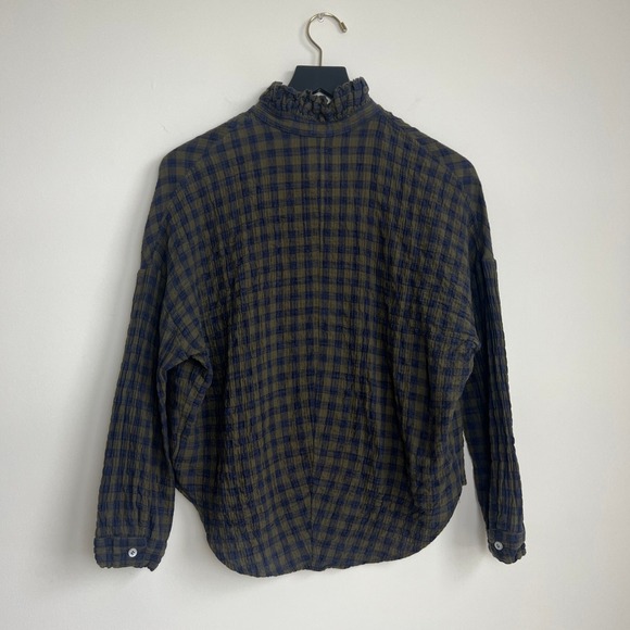 A Shirt Thing Penelope Gingham Blue Green Check Blouse Top Ruffle Collar - Picture 7 of 7